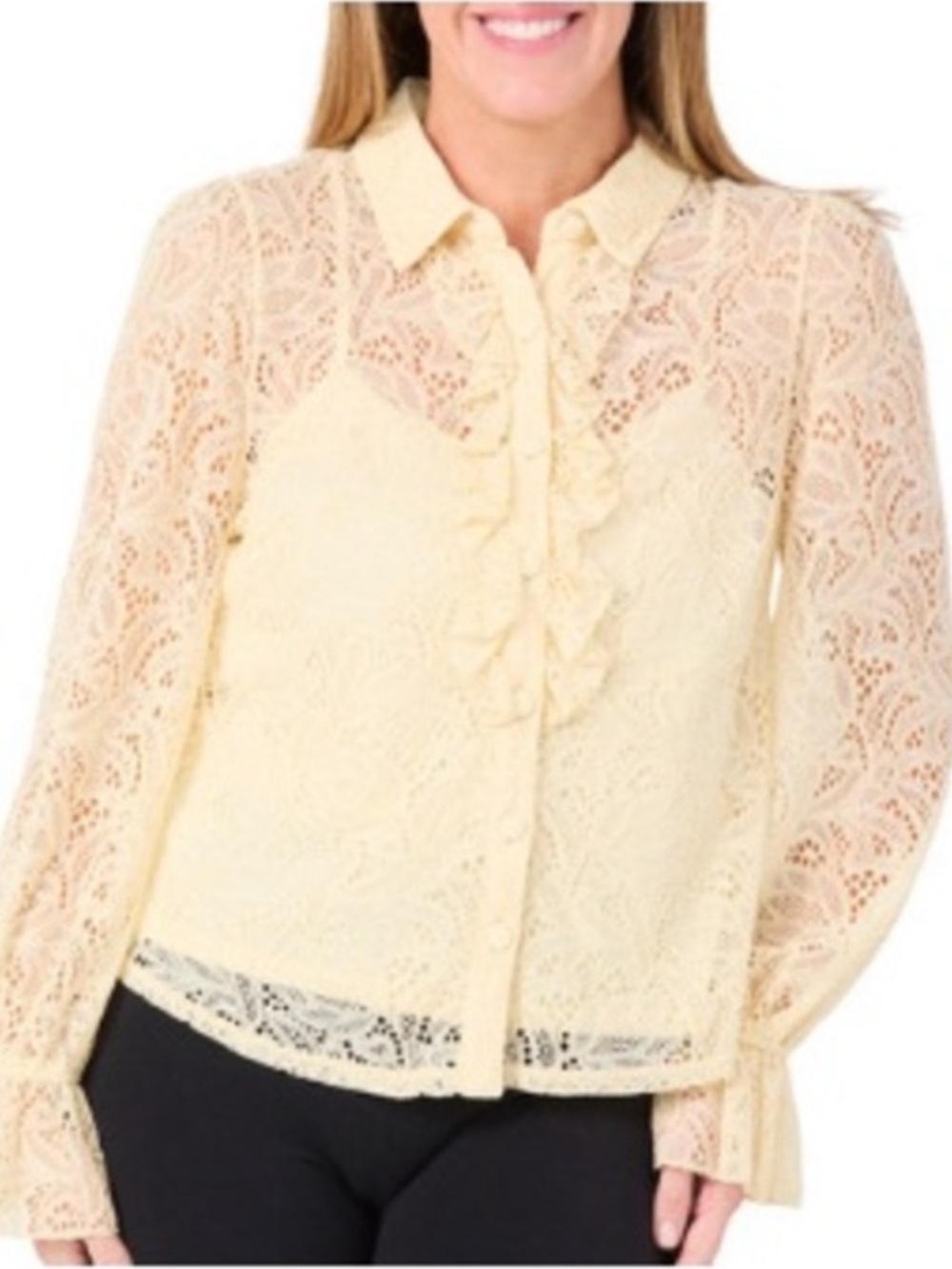 NWT Nicole Miller Lace Ruffle Button-Down Blouse in Cream Sizes M, L & XL